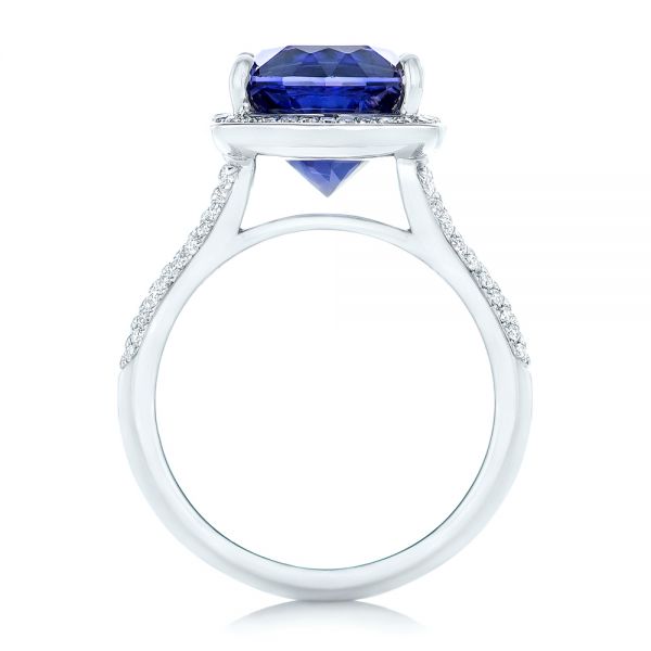 14k White Gold Custom Iolite And Diamond Halo Fashion Ring - Front View - 102803
