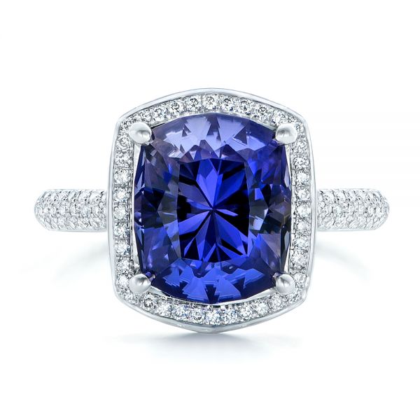 14k White Gold Custom Iolite And Diamond Halo Fashion Ring - Top View - 102803