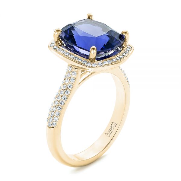 18k Yellow Gold 18k Yellow Gold Custom Iolite And Diamond Halo Fashion Ring - Three-Quarter View - 102803