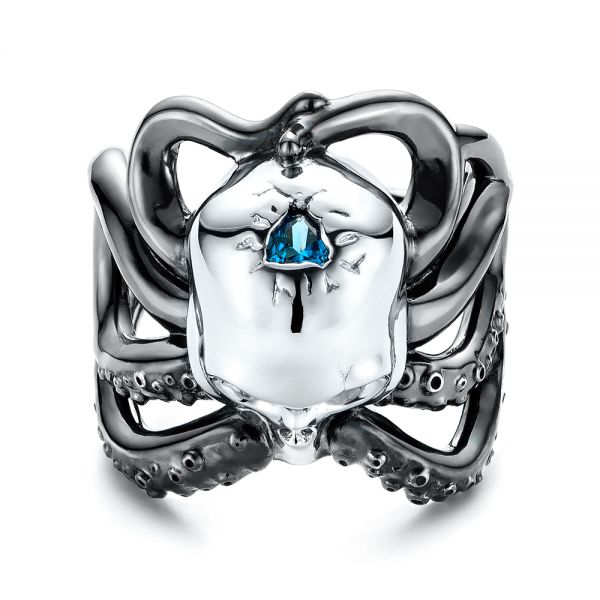 18K Gold Custom London Blue Topaz Skull Fashion Ring - Flat View - 107009