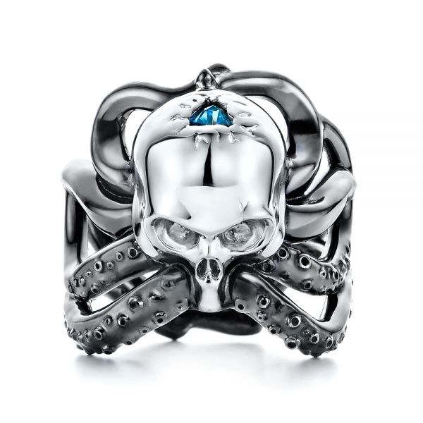 18K Gold Custom London Blue Topaz Skull Fashion Ring - Top View - 107009