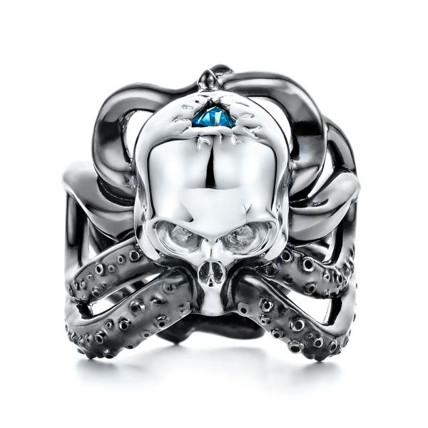  18K Gold Custom London Blue Topaz Skull Fashion Ring - Top View -  107009