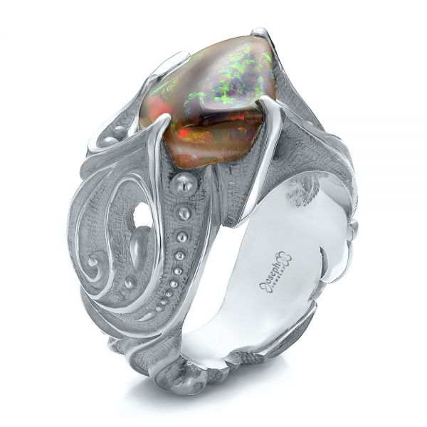 18k White Gold 18k White Gold Custom Men's Black Opal Ring - Three-Quarter View -  100574