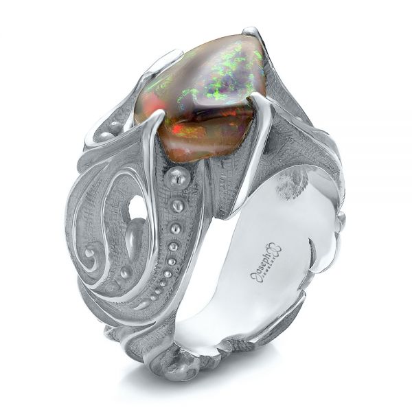 14k White Gold 14k White Gold Custom Men's Black Opal Ring - Three-Quarter View -  100574