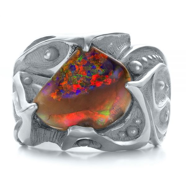 18k White Gold 18k White Gold Custom Men's Black Opal Ring - Top View -  100574