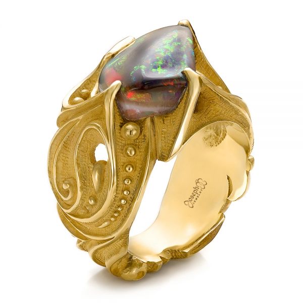 18k Yellow Gold Custom Men's Black Opal Ring - Three-Quarter View - 100574