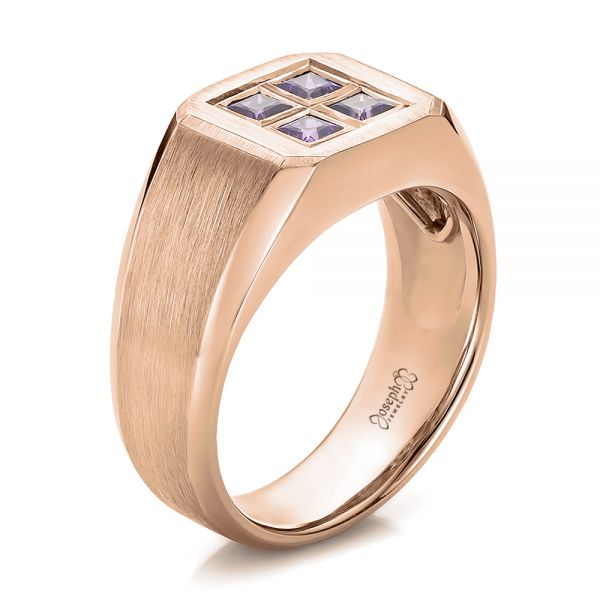 18k Rose Gold 18k Rose Gold Custom Men's Sapphire And Brushed Metal Band - Three-Quarter View -  100634