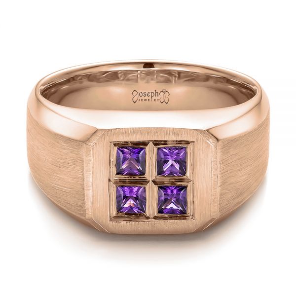 18k Rose Gold 18k Rose Gold Custom Men's Sapphire And Brushed Metal Band - Flat View -  100634