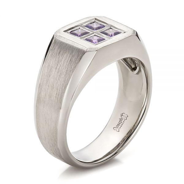 18k White Gold 18k White Gold Custom Men's Sapphire And Brushed Metal Band - Three-Quarter View -  100634