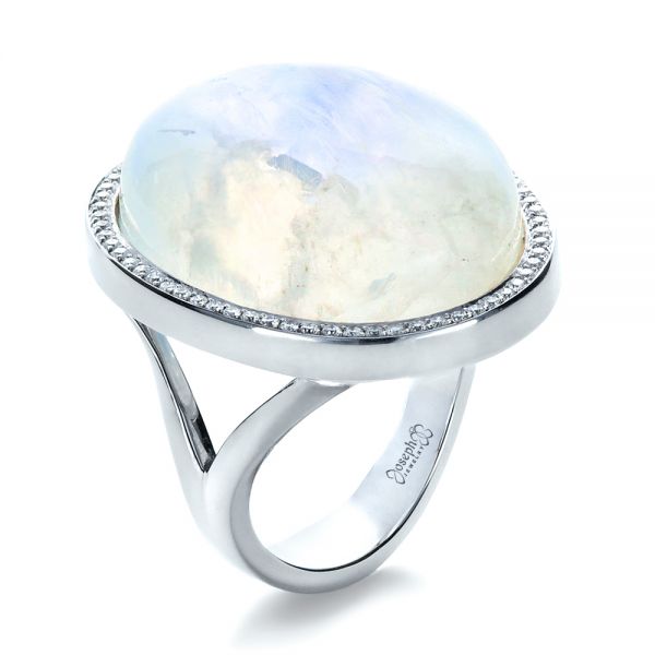 14k White Gold Custom Moonstone And Diamond Ring - Three-Quarter View -  1242