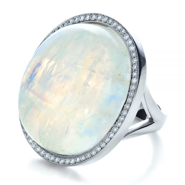 14k White Gold Custom Moonstone And Diamond Ring - Flat View - 1242