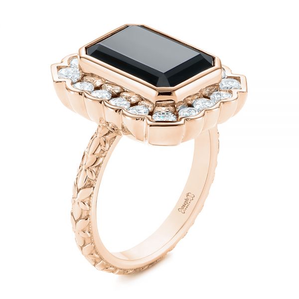 14k Rose Gold 14k Rose Gold Custom Onyx And Diamond Halo Fashion Ring - Three-Quarter View - 105055