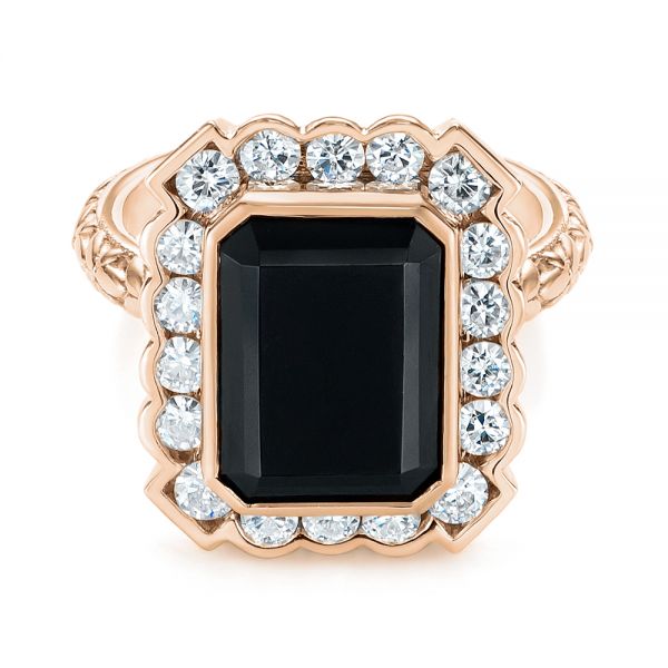 18k Rose Gold 18k Rose Gold Custom Onyx And Diamond Halo Fashion Ring - Flat View -  105055