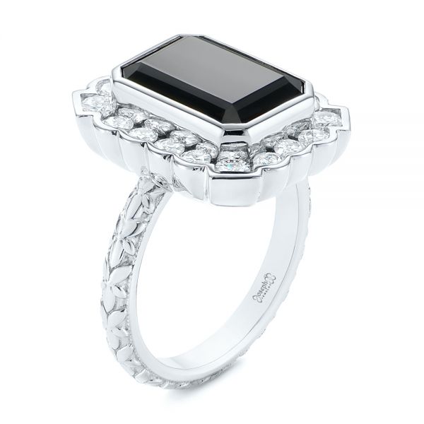 14k White Gold Custom Onyx And Diamond Halo Fashion Ring - Three-Quarter View -  105055