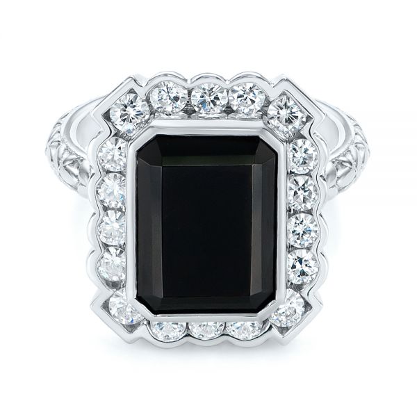 14k White Gold Custom Onyx And Diamond Halo Fashion Ring - Flat View - 105055