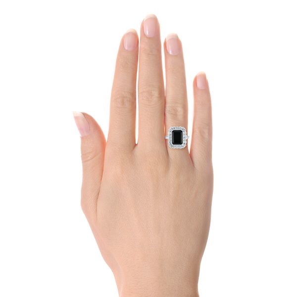 14k White Gold Custom Onyx And Diamond Halo Fashion Ring - Hand View - 105055