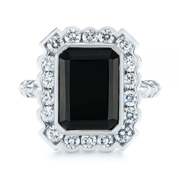 14k White Gold Custom Onyx And Diamond Halo Fashion Ring - Top View - 105055