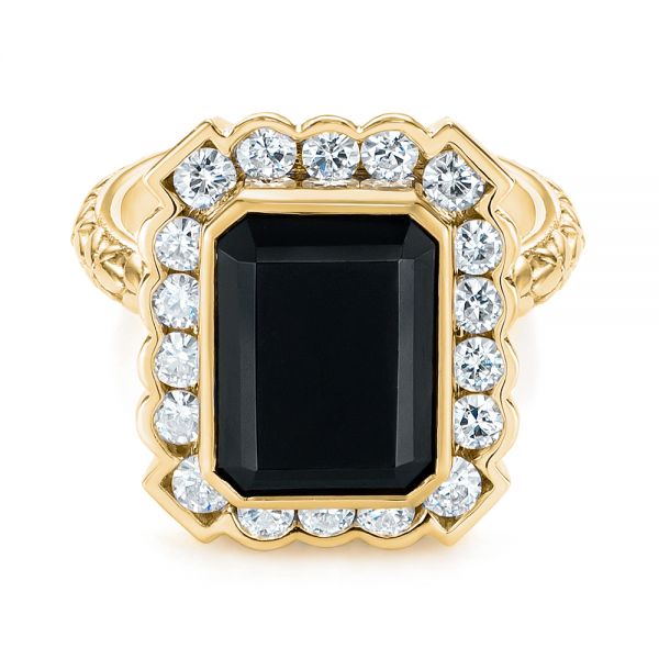 18k Yellow Gold 18k Yellow Gold Custom Onyx And Diamond Halo Fashion Ring - Flat View -  105055