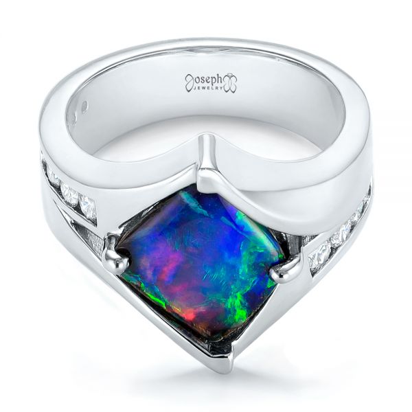 14k White Gold Custom Opal And Diamond Fashion Ring - Flat View -  103456