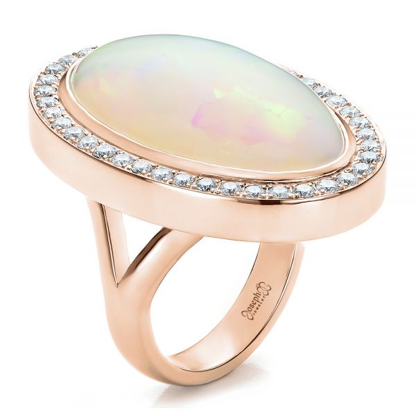 14k Rose Gold 14k Rose Gold Custom Opal And Diamond Ring - Three-Quarter View -  100089