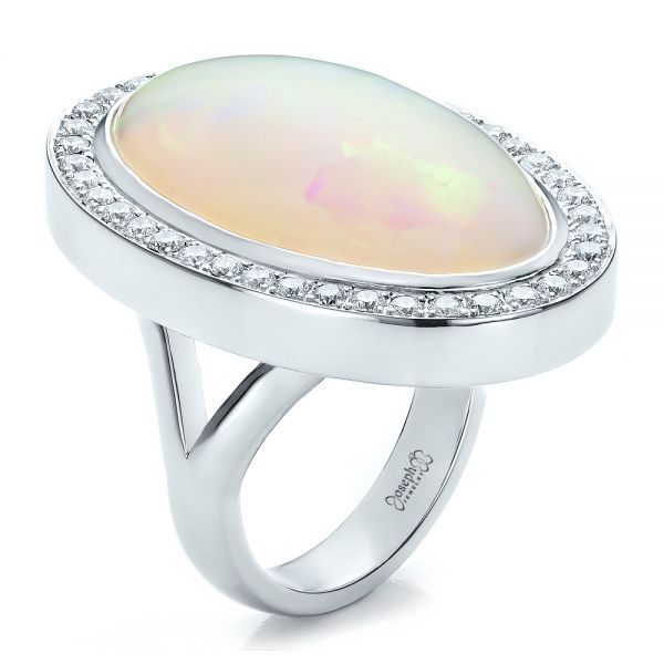 14k White Gold 14k White Gold Custom Opal And Diamond Ring - Three-Quarter View -  100089