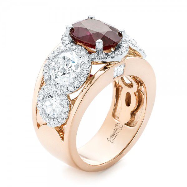 14k Rose Gold And 14K Gold Custom Ruby And Diamond Fashion Ring - Three-Quarter View -  102883