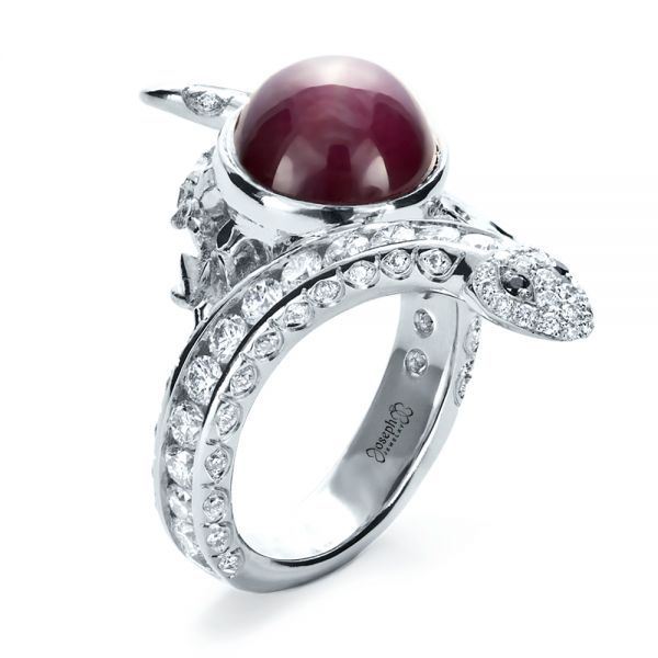 Platinum Custom Ruby And Diamond Snake Ring - Three-Quarter View - 1139