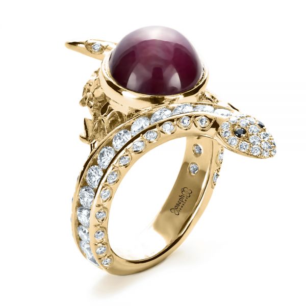 18k Yellow Gold 18k Yellow Gold Custom Ruby And Diamond Snake Ring - Three-Quarter View -  1139