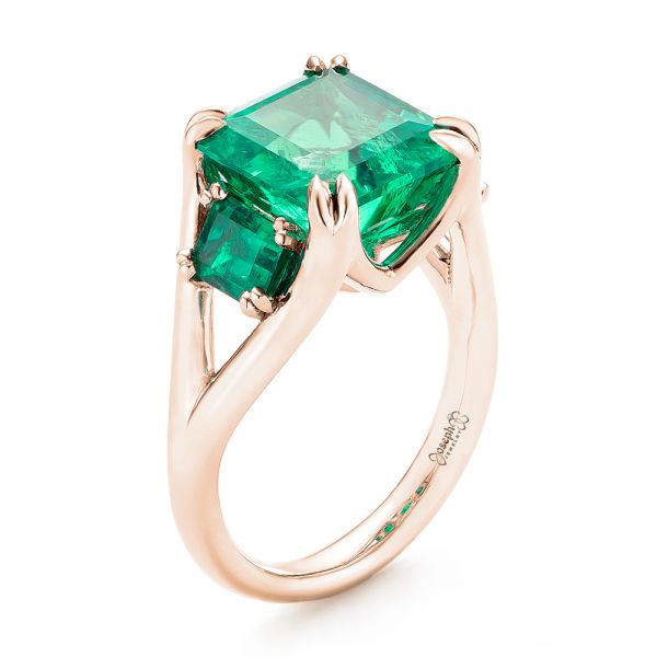18k Rose Gold 18k Rose Gold Custom Three Stone Emerald Fashion Ring - Three-Quarter View -  102894