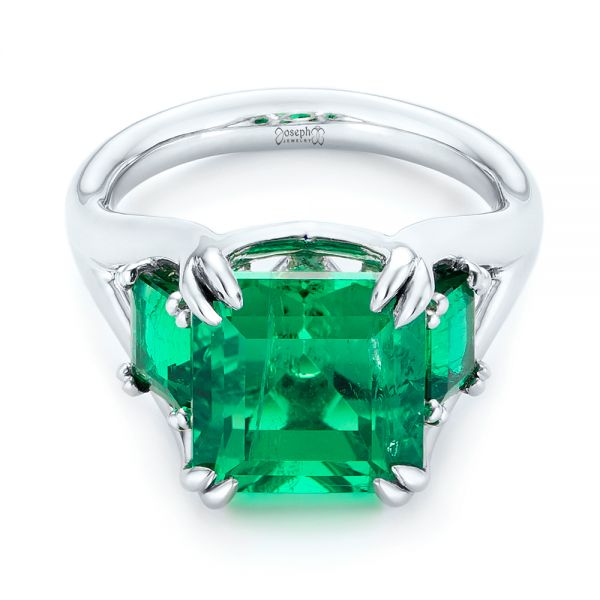 Platinum Custom Three Stone Emerald Fashion Ring - Flat View - 102894