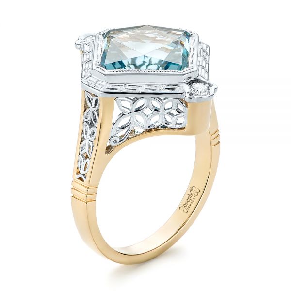 14k Yellow Gold And 14K Gold Custom Two-tone Aquamarine And Diamond Fashion Ring - Three-Quarter View -  103289