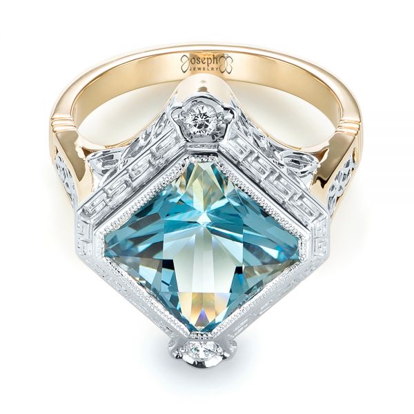 14k Yellow Gold And Platinum 14k Yellow Gold And Platinum Custom Two-tone Aquamarine And Diamond Fashion Ring - Flat View -  103289