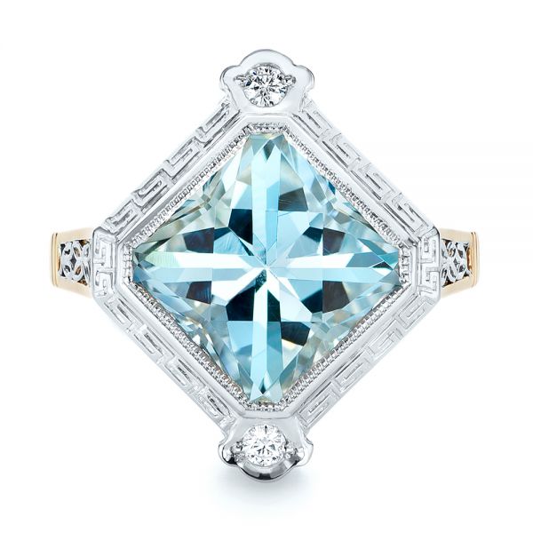 14k Yellow Gold And 14K Gold Custom Two-tone Aquamarine And Diamond Fashion Ring - Top View -  103289