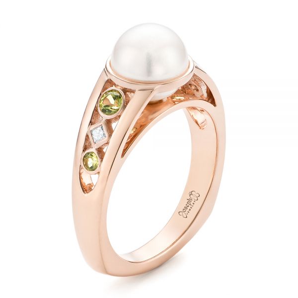 18k Rose Gold 18k Rose Gold Custom White Pearl Peridot And Diamond Fashion Ring - Three-Quarter View -  102755