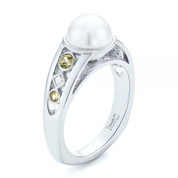 18k White Gold 18k White Gold Custom White Pearl Peridot And Diamond Fashion Ring - Three-Quarter View -  102755