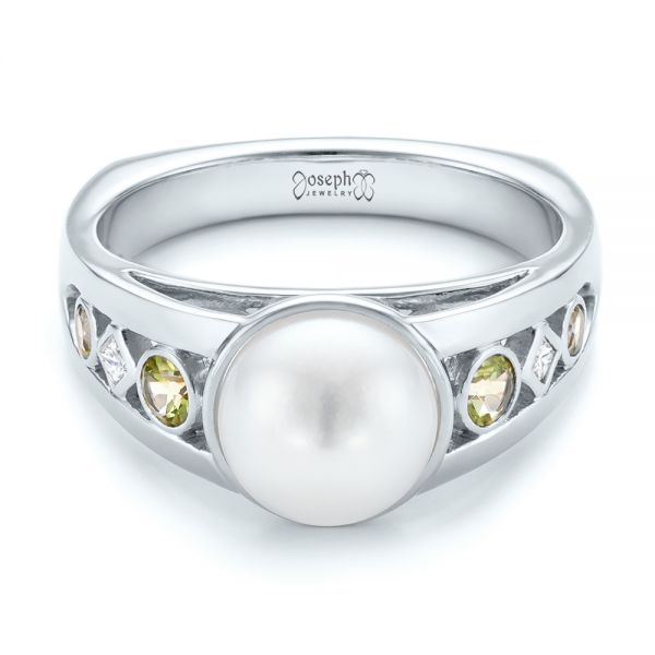 14k White Gold 14k White Gold Custom White Pearl Peridot And Diamond Fashion Ring - Flat View -  102755