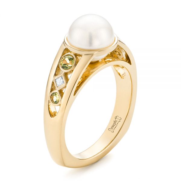 14k Yellow Gold 14k Yellow Gold Custom White Pearl Peridot And Diamond Fashion Ring - Three-Quarter View -  102755