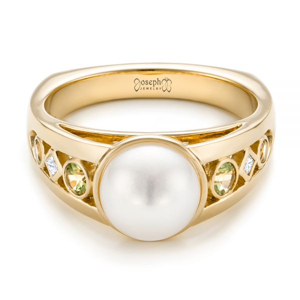 18k Yellow Gold 18k Yellow Gold Custom White Pearl Peridot And Diamond Fashion Ring - Flat View -  102755