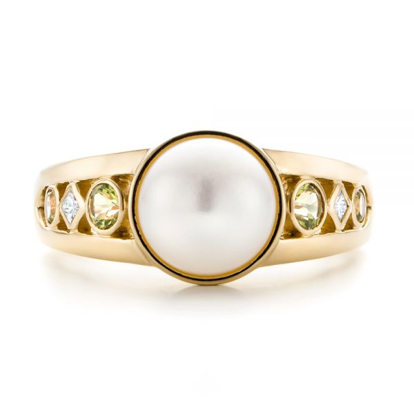 14k Yellow Gold 14k Yellow Gold Custom White Pearl Peridot And Diamond Fashion Ring - Top View -  102755