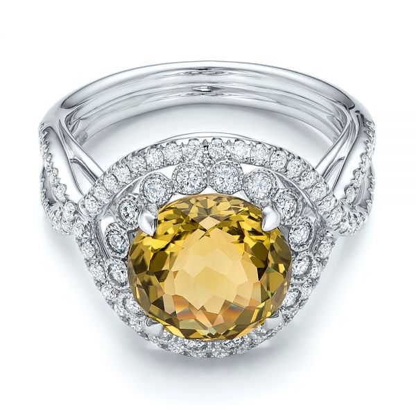 18k White Gold 18k White Gold Diamond And Olive Quartz Fashion Ring - Flat View -  101869