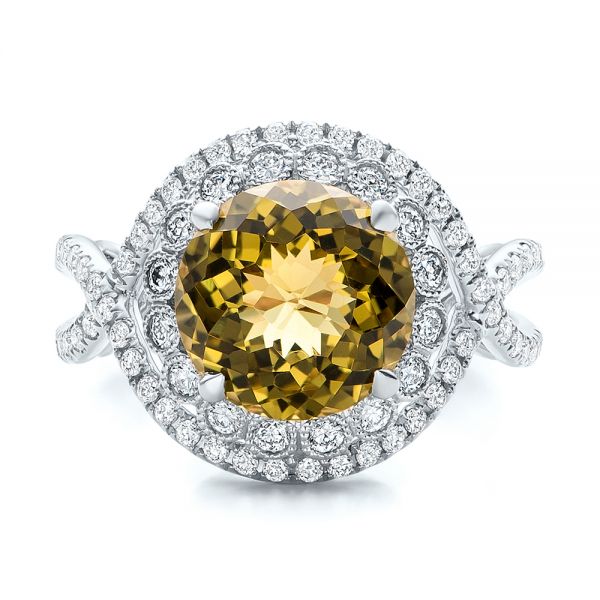 18k White Gold 18k White Gold Diamond And Olive Quartz Fashion Ring - Top View -  101869