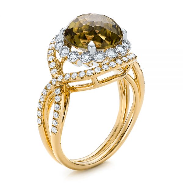 18k Yellow Gold 18k Yellow Gold Diamond And Olive Quartz Fashion Ring - Three-Quarter View -  101869