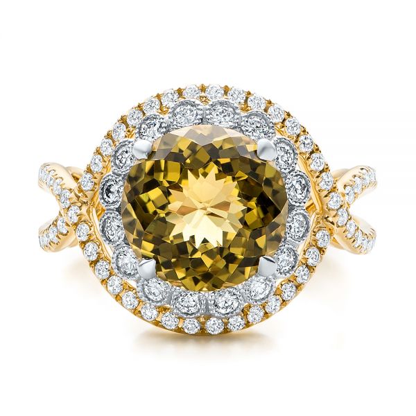 14k Yellow Gold 14k Yellow Gold Diamond And Olive Quartz Fashion Ring - Top View -  101869