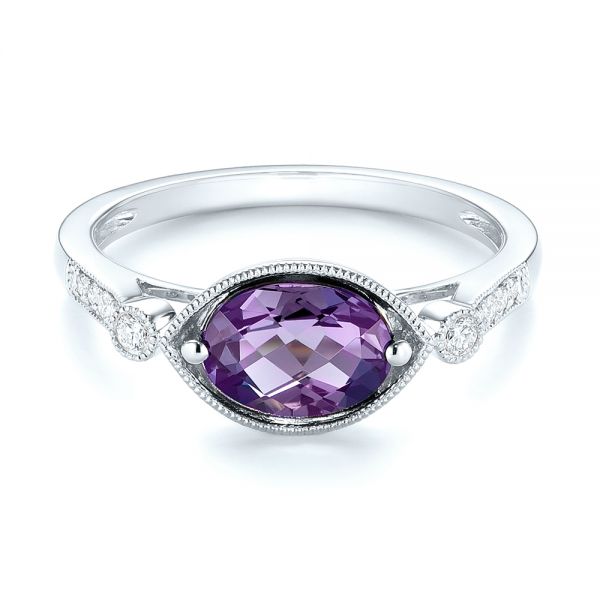 14k White Gold 14k White Gold East-west Amethyst And Diamond Ring - Flat View -  103756