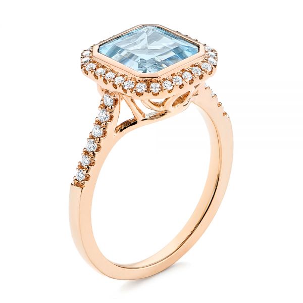 18k Rose Gold 18k Rose Gold Emerald Cut Aquamarine And Diamond Halo Ring - Three-Quarter View -  105445