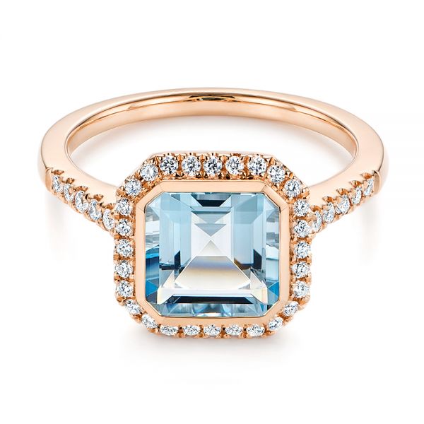 18k Rose Gold 18k Rose Gold Emerald Cut Aquamarine And Diamond Halo Ring - Flat View -  105445