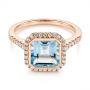 18k Rose Gold 18k Rose Gold Emerald Cut Aquamarine And Diamond Halo Ring - Flat View -  105445 - Thumbnail