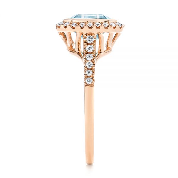14k Rose Gold 14k Rose Gold Emerald Cut Aquamarine And Diamond Halo Ring - Side View - 105445