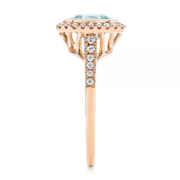 14k Rose Gold 14k Rose Gold Emerald Cut Aquamarine And Diamond Halo Ring - Side View -  105445