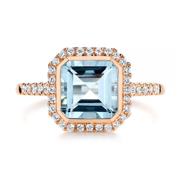 18k Rose Gold 18k Rose Gold Emerald Cut Aquamarine And Diamond Halo Ring - Top View -  105445